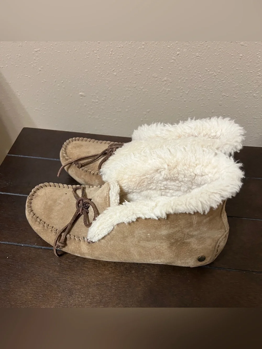UGG Chestnut/Tan Suede Moccasin Slippers with Cream Shearling - Picture 4 of 7